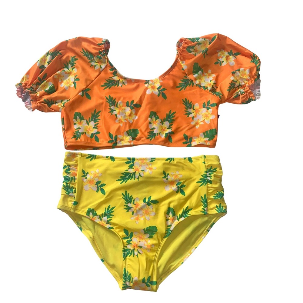 Ocean‎ Gear Size XXL (18) Bikini Set Orange Yellow Floral Puff Sleeve High Waist